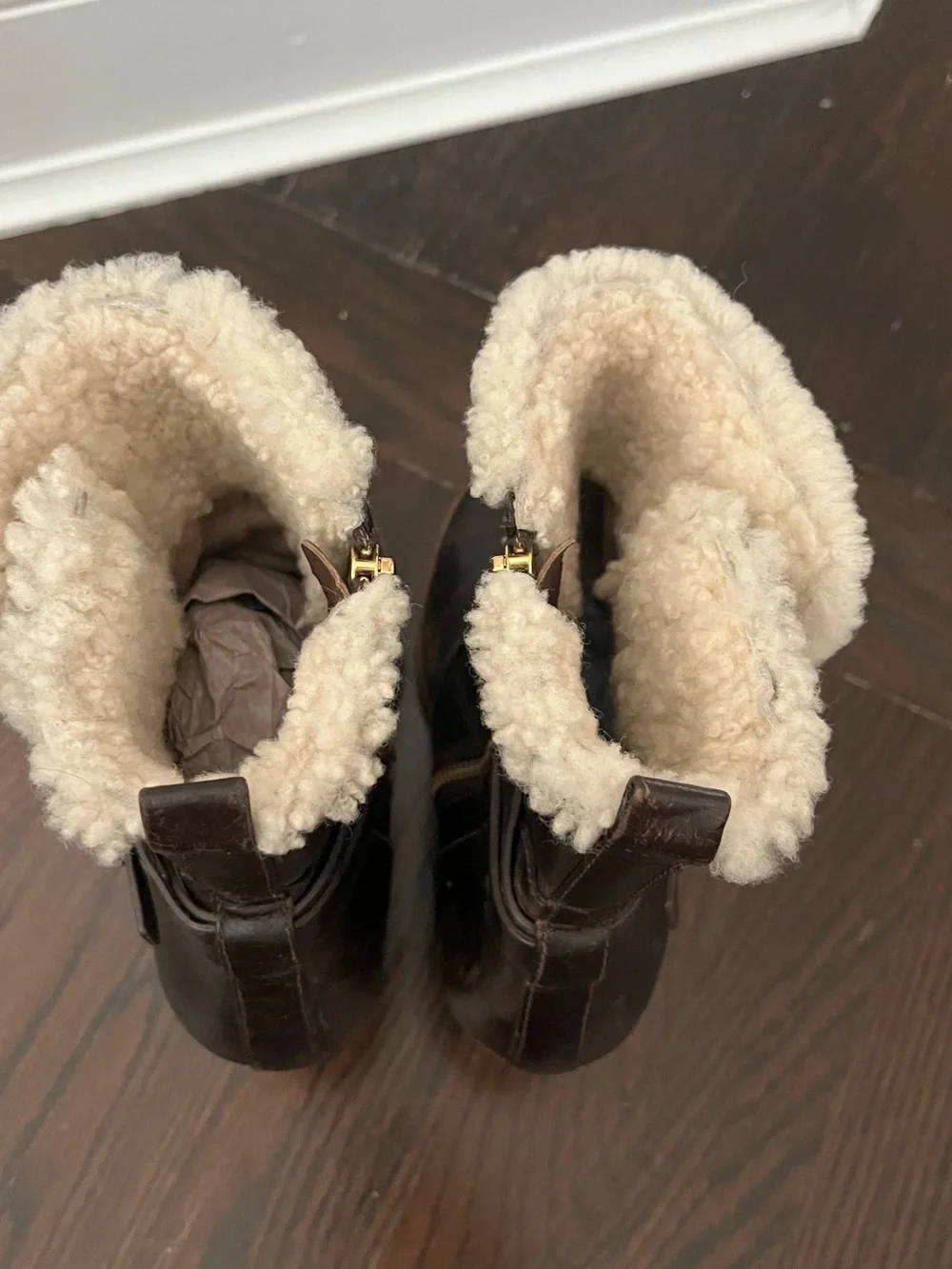 Michael Kors Dark Brown Leather Shearling-Trim Block Heel Ankle Boots